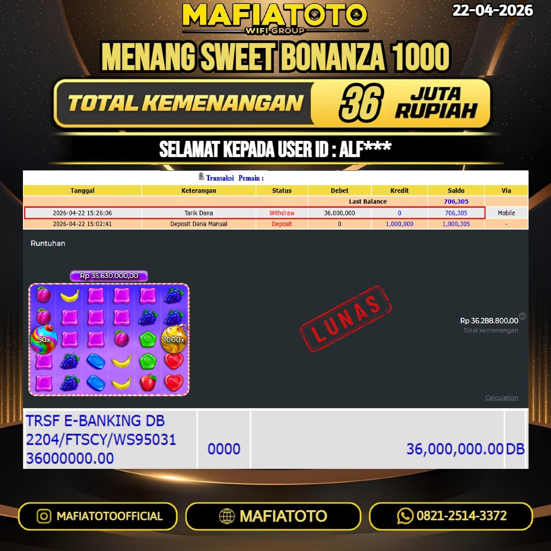 MAFIATOTO JACKPOT SLOT SWEET BONANZA 1000 RP.36.000.000 - LUNAS ID : ALF***