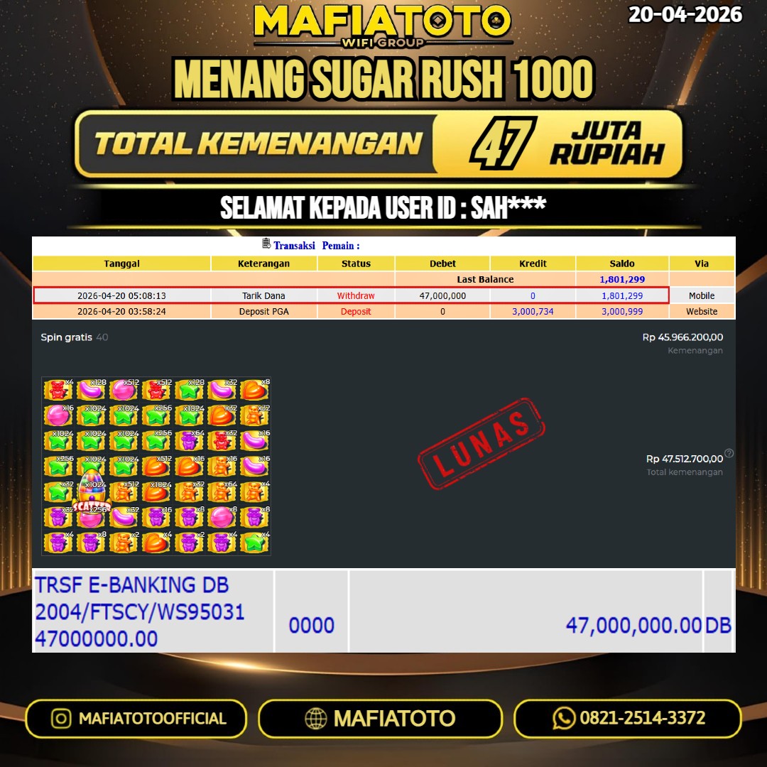 MAFIATOTO JACKPOT SLOT SUGAR RUSH 1000 RP.47.000.000 - LUNAS ID : SAH***