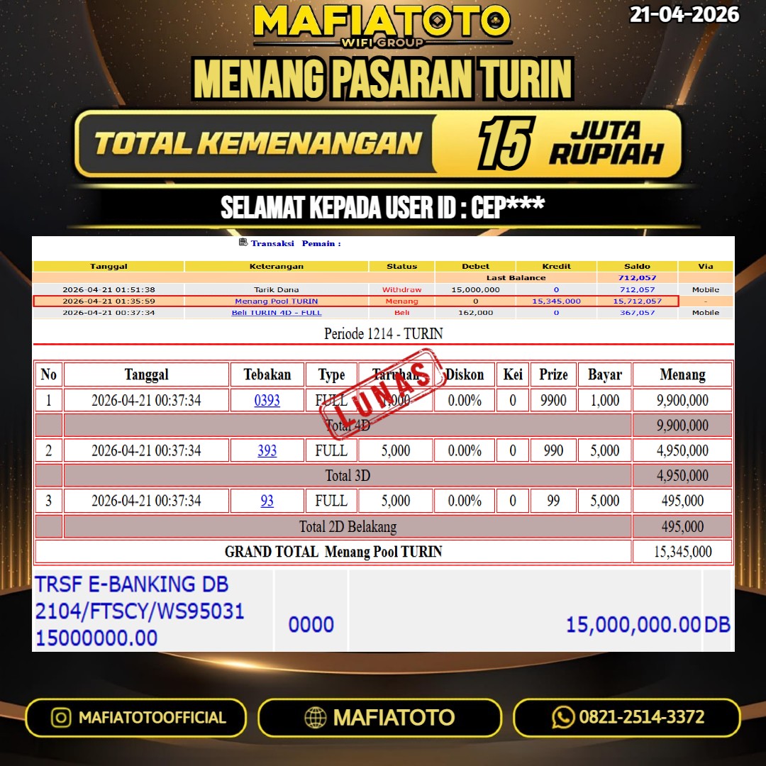 MAFIATOTO JACKPOT TOGEL PASARAN TURIN RP.15.000.000 - LUNAS ID : CEP***