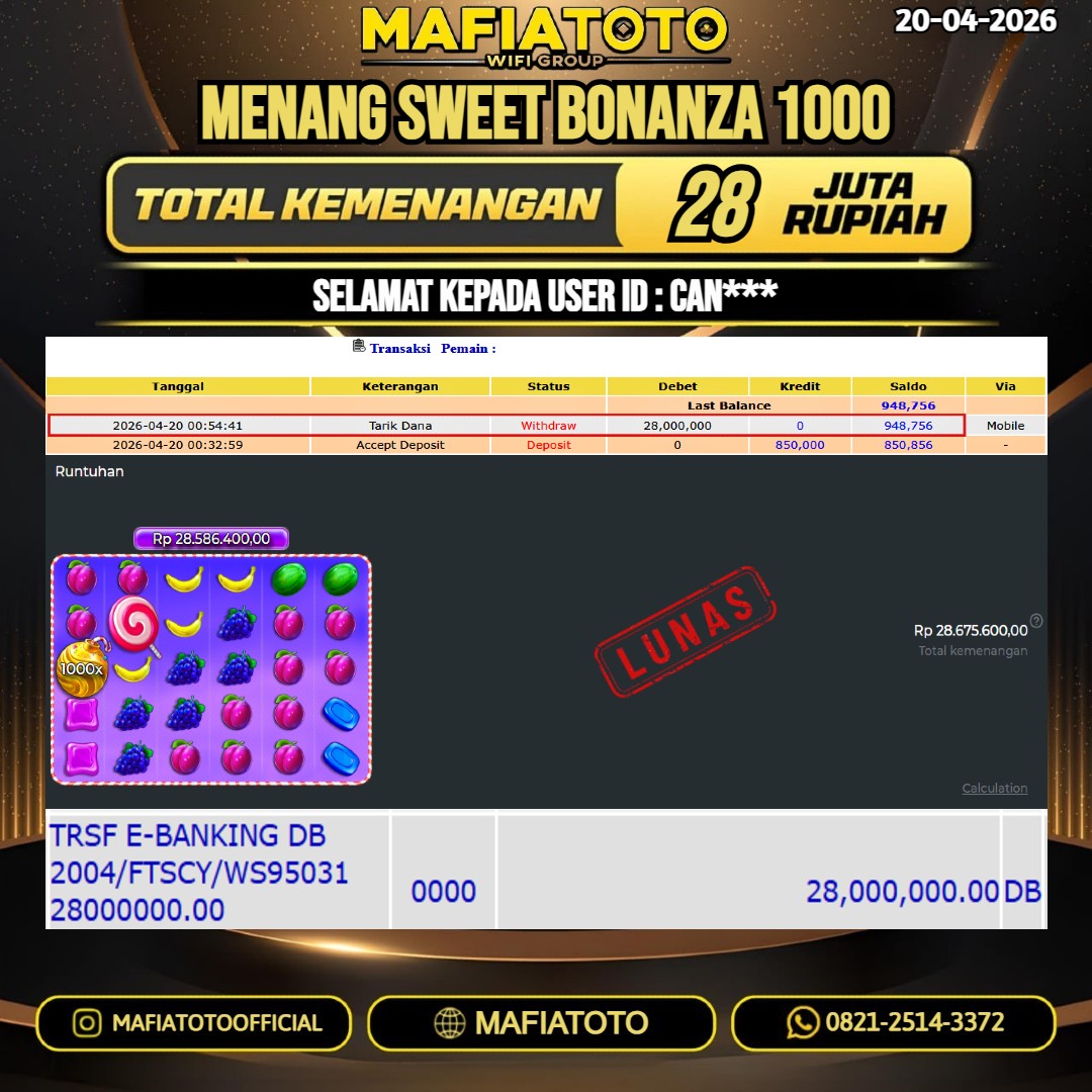 MAFIATOTO JACKPOT SLOT SWEET BONANZA 1000 RP.28.000.000 - LUNAS ID : CAN***